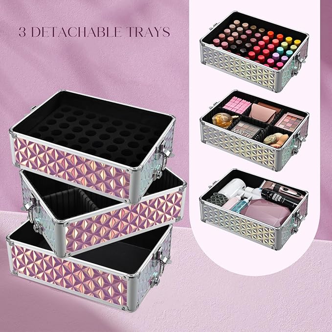 Yueieoun 5 in 1 Rolling Makeup Case, Cosmetology Case on Wheels Travel Make up Train Case Nail Cart Makeup Organizer Cosmetic Storage Box Cases Extra Large Trolley Truck with 360° Swivel Wheels, Pink