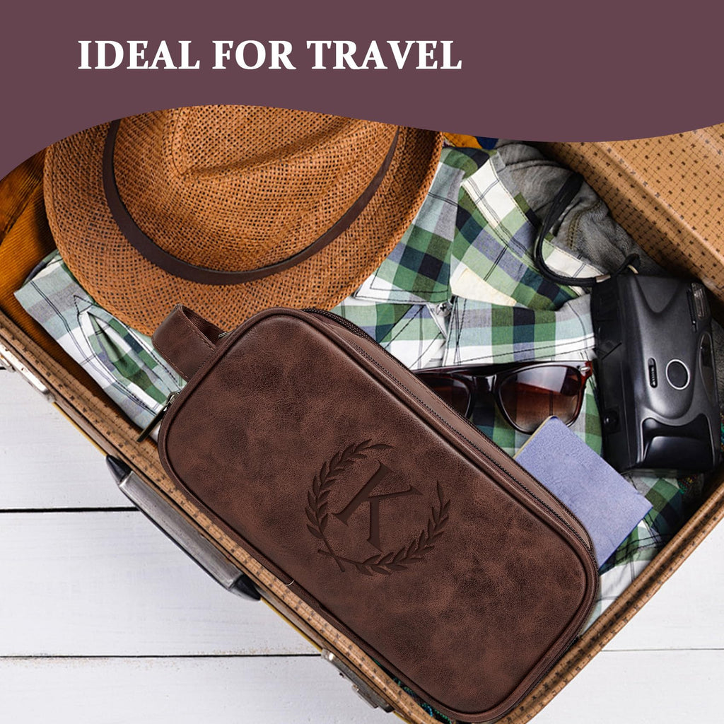 Travel Toiletry Bag For Mens PU Leather Engraved Initials (Dark Brown Q)