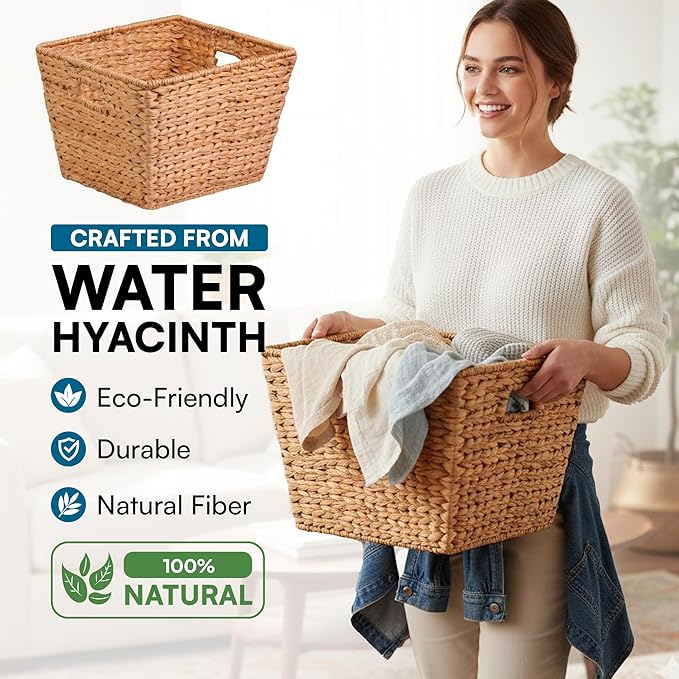 Honey-Can-Do Natural Water Hyacinth Tall Storage Basket with Built-In Handles, 15.75 x 14.5 x 12 in, Handwoven Eco-Friendly Bin