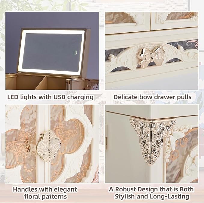Makeup Box Organizer with LED Mirror Vintage Cosmetic Storage Cabine White