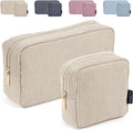 MAGEFY Makeup Bag for Purse, 2 Pcs Corduroy Cosmetic Bag for Girls Women Small Travel Makeup Pouch with Zipper(Beige)