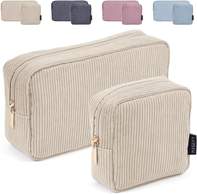 MAGEFY Makeup Bag for Purse, 2 Pcs Corduroy Cosmetic Bag for Girls Women Small Travel Makeup Pouch with Zipper(Beige)
