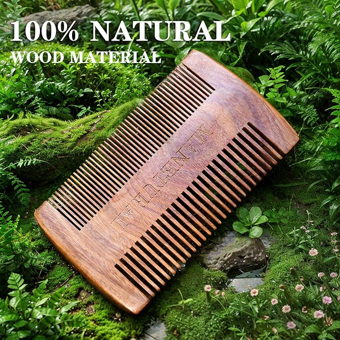 MANETURAL Premium Sandalwood Dual-Action Comb - Double-Tooth Design for Men's Fine & Wide Hair, Mustache Comb, Protective PU Leather Case