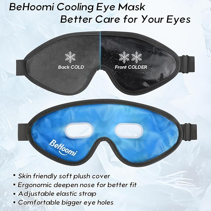 BeHoomi 2Packs Cooling Eye Masks, Ice Eye Mask Cold Compress for Eyes, Reusable Cold Gel Eye Mask for Eye Relaxation, Comfort Snug Fit, Eye Cover for Home, Office, Black & Blue