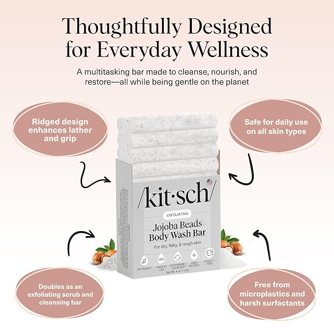 Kitsch Jojoba Beads Exfoliating Body Wash Bar – Nourishing Bar Soap with Shea Butter & Aloe for Dry, Flaky Skin – Soap bar & Body Scrub for Smooth, Refreshed Skin – Rosemary & Cedarwood Scent - 4 oz