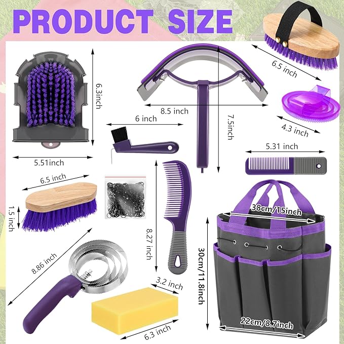Abbylike 12 Pieces Horse Grooming Kit with Organizer Tote Bag Tack Room Supplies Horse Brush Sets Equine Care Cleaning Kit Shedding Grooming Massaging Tools(Grey and Purple)