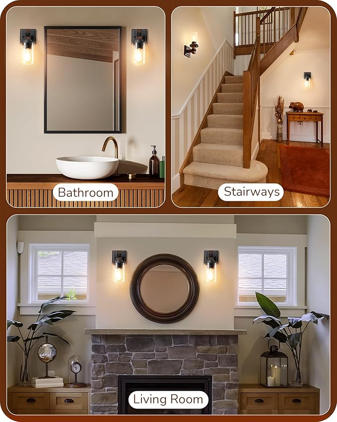 EDISHINE Wall Sconces Set of 2, Farmhouse Vanity Light Fixtures with Clear Glass Shade & Dark Brown Wood Grain Paint, 1-Light Wall Mount Lamp for Bathroom, Hallway, Living Room, Mirror, Kitchen