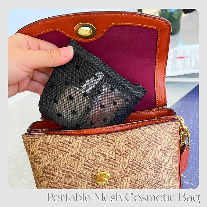 TRAKWAN Mini Mesh Heart Makeup Bag Set, Mesh Cosmetic Bags with Zipper, Makeup Lipstick Cosmetic Accessories Organizer Bag, Mesh Pouch for Travel (Black-6pcs)