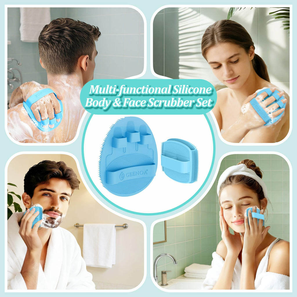 GEENOA Silicone Bath Glove & Face Scrubber Set 2PCS, 360° Anti-Slip & Hand-fit Body Scrubber for Rich Foaming Deep Cleaning, Unique Facial Scrubber with Side-bristles for Contoured Areas.(Blue)