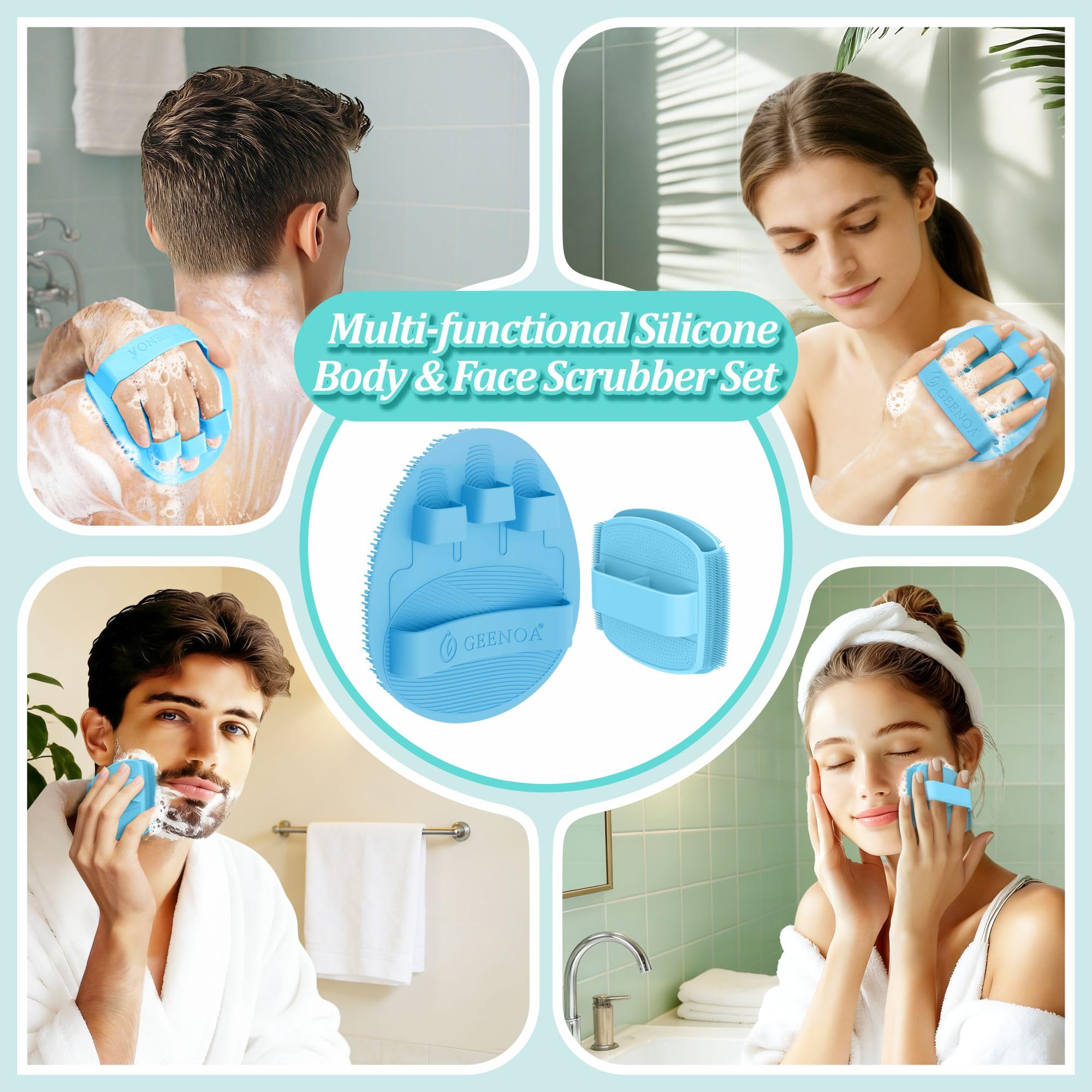 GEENOA Silicone Bath Glove & Face Scrubber Set 2PCS, 360° Anti-Slip & Hand-fit Body Scrubber for Rich Foaming Deep Cleaning, Unique Facial Scrubber with Side-bristles for Contoured Areas.(Blue)