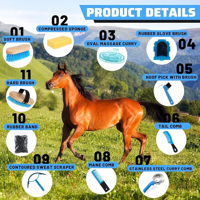 Abbylike 12 Pieces Horse Grooming Kit with Organizer Tote Bag Tack Room Supplies Horse Brush Sets Equine Care Cleaning Kit Shedding Grooming Massaging Tools(Blue)