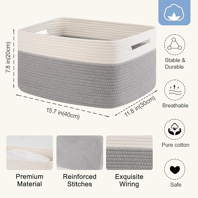 SIXDOVE 4 Pack Storage Baskets for Organizing, Woven Baskets for Shelves - Perfect for Toys, Books, Towels, and Clothes, Durable Gift Basket Bins Toy Storage, 15.7''Lx11.8''Wx7.8''H, Grey and White