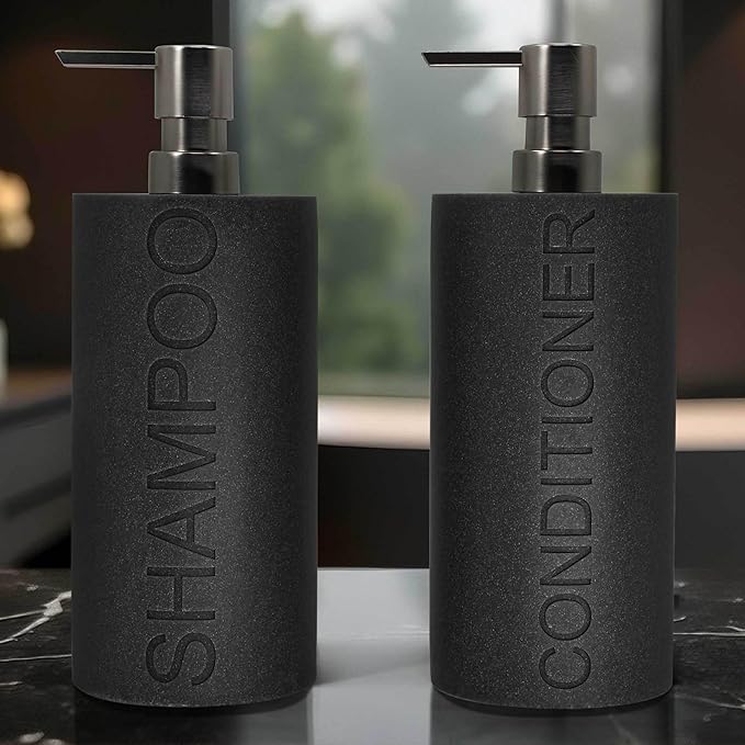 Indecor Home Resin 2 Pack Shampoo, Conditioner or Body Wash Dispenser Set, Luxurious Refillable Pump Bottles with Matte Pump Top and Embossed Text, Durable Design for Bathroom and Shower