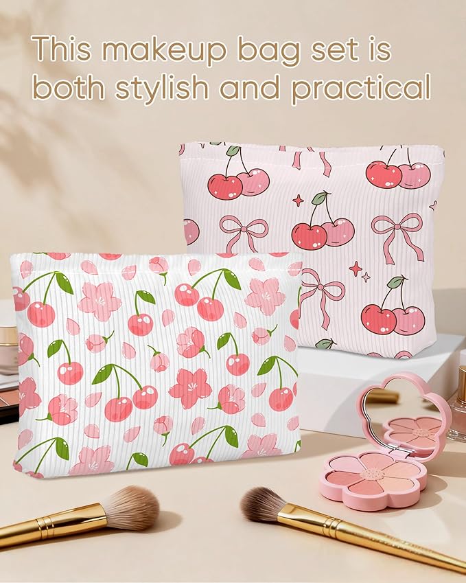 Ksriylm Cute Red Pink Cherry Floral Makeup Pouch for Women Small Make Up Cherries Bag for Purse Zipper Initial Makeup Cosmetic Bags Pouches for Purse Aesthetic Travel Toiletry Bags