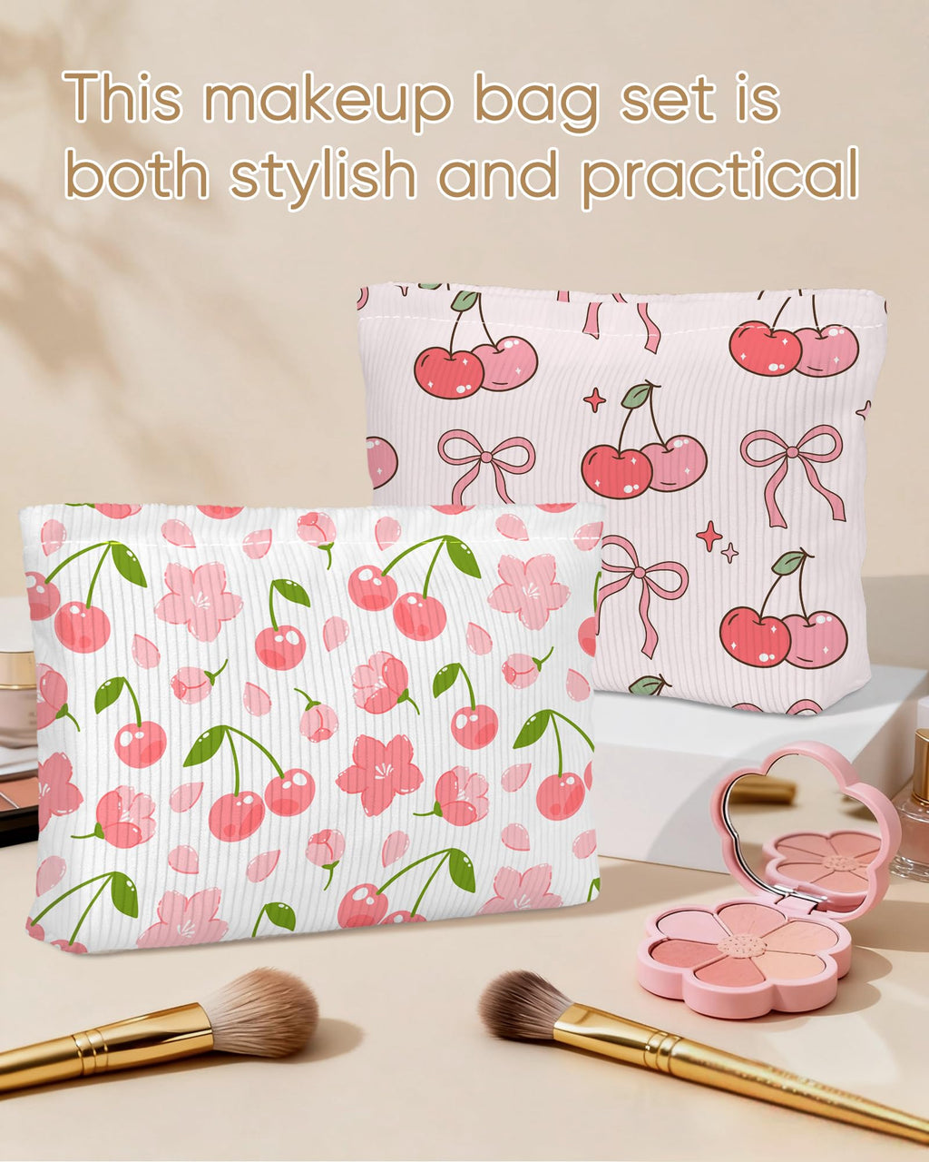 Ksriylm Cute Red Pink Cherry Floral Makeup Pouch for Women Small Make Up Cherries Bag for Purse Zipper Initial Makeup Cosmetic Bags Pouches for Purse Aesthetic Travel Toiletry Bags
