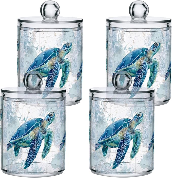 xmycdz 2 Pack Sea Turtle Pattern Apothecary Jars with Lid, 10 Oz Clear Plastic Apothecary Jar Set Qtip Holder Storage Containers for Cotton Ball Swabs Bathroom Vanity