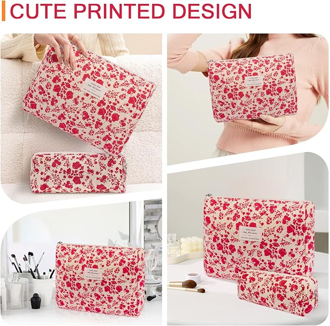 Gosect 2PC Makeup Bag Set, Cute Cosmetic Bag for Women Girls, Floral Coquette Aesthetic Toiletry Bag, Travel Make Up Organizer Bag (Beverly)