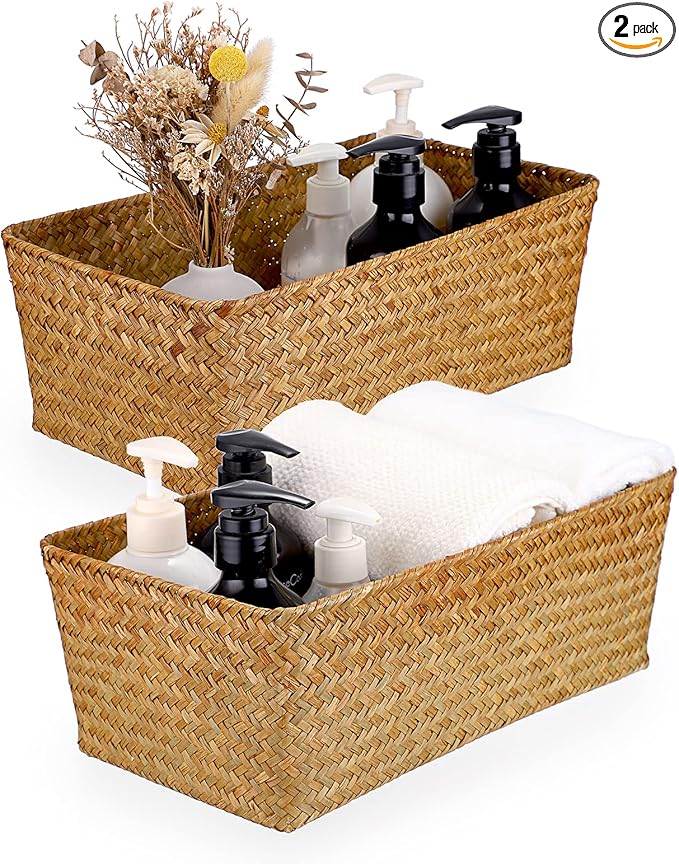 Set of 2 Wicker Storage Baskets for Shelves, Simple Organizing Basket for Home Shelf Baskets Woven Wicker Organizer Bins Shelf Baskets for Organizing Wardrobe Desktop Home Decor, Caramel