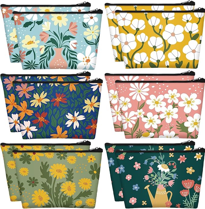 Sweetude 12 Pcs Colorful Flower Makeup Bags Bulk Portable Travel Cosmetic Bags with Zipper Watercolor Floral Waterproof Roomy Travel Toiletry Organizer Storage Pouch for Women Gifts
