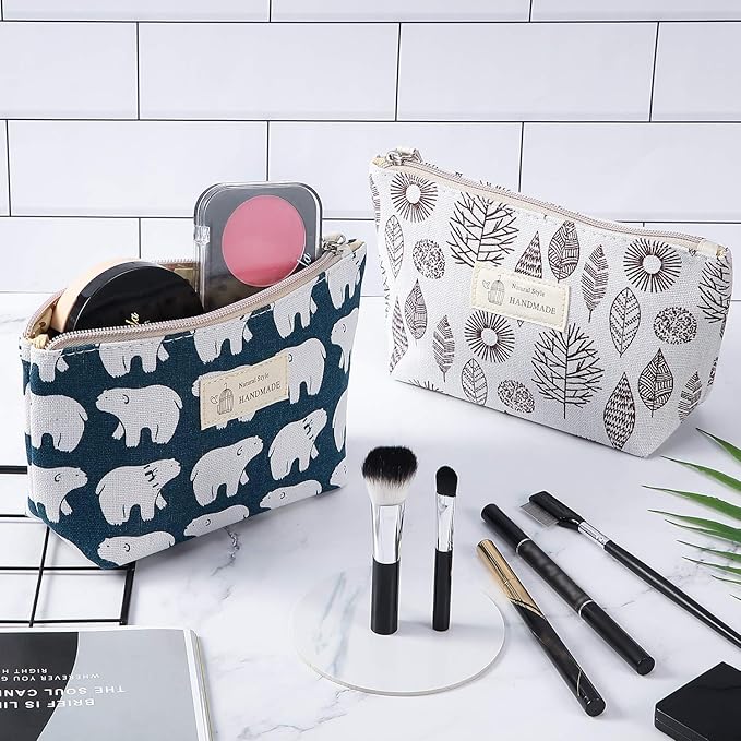 Boao 4 Pcs Canvas Cosmetic Pouches for Purse Makeup Bags Set Small with Zipper Cute Multi Functional Toiletry Travel Organizer for Back to School Women Gift, 4 Styles(Small,Whale, Bear, Tree, Leave)