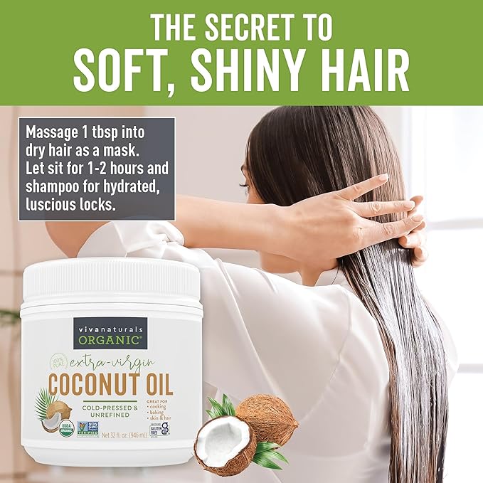 Viva Naturals Organic Coconut Oil - Unrefined and Cold-Pressed, Natural Hair Oil, Skin Oil and Cooking Oil with Fresh Flavor, Non-GMO Extra Virgin Coconut Oil (Aceite de Coco), USDA Organic, 32 Fl Oz (Pack of 1)