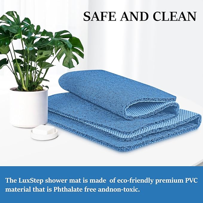 LuxStep Shower Mat Bathtub Mat,24x36 inch, Non-Slip Bath Mat with Drain, Quick Drying PVC Loofah Bathmat for Tub,Shower,Bathroom,Lake Blue