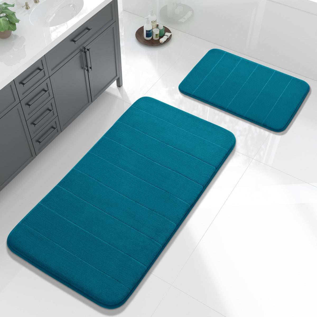 Yimobra Memory Foam Bathroom Mat Set, 24 x 17 & 24 x 20 in, Navy Blue