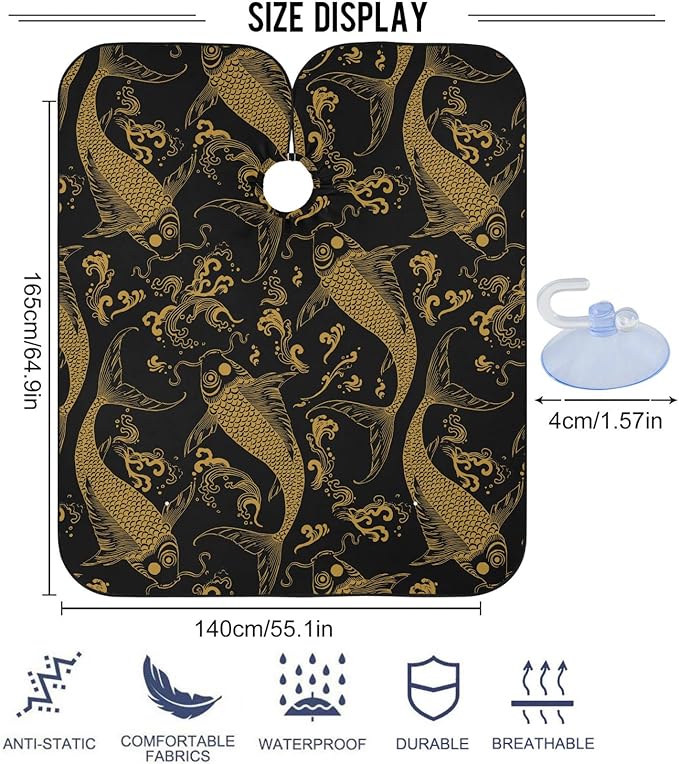 visesunny Barber Cape Vintage Chinese Koi Fish Polyester Hair Cutting Salon Cape Apron Anti-Static Haircut Water-Resistant Shaving Cloth Beard Shaving Bib Hairdressing Cape