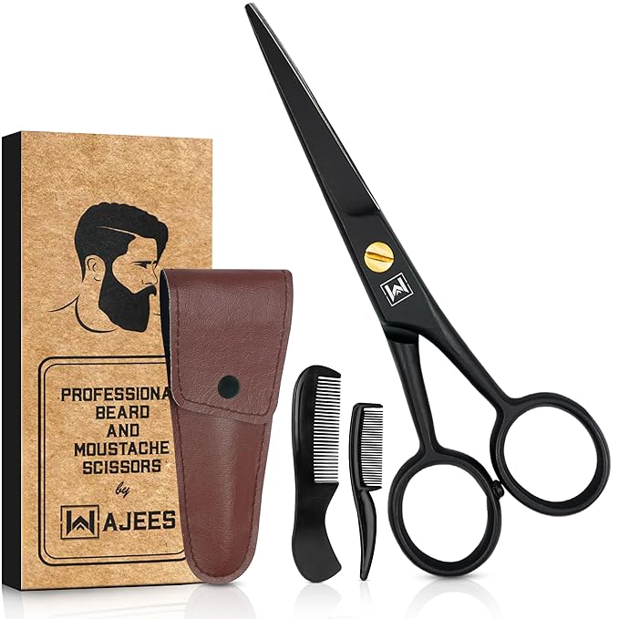 WAJEES Beard & Mustache Scissors –5" Stainless Steel Grooming Kit with Case