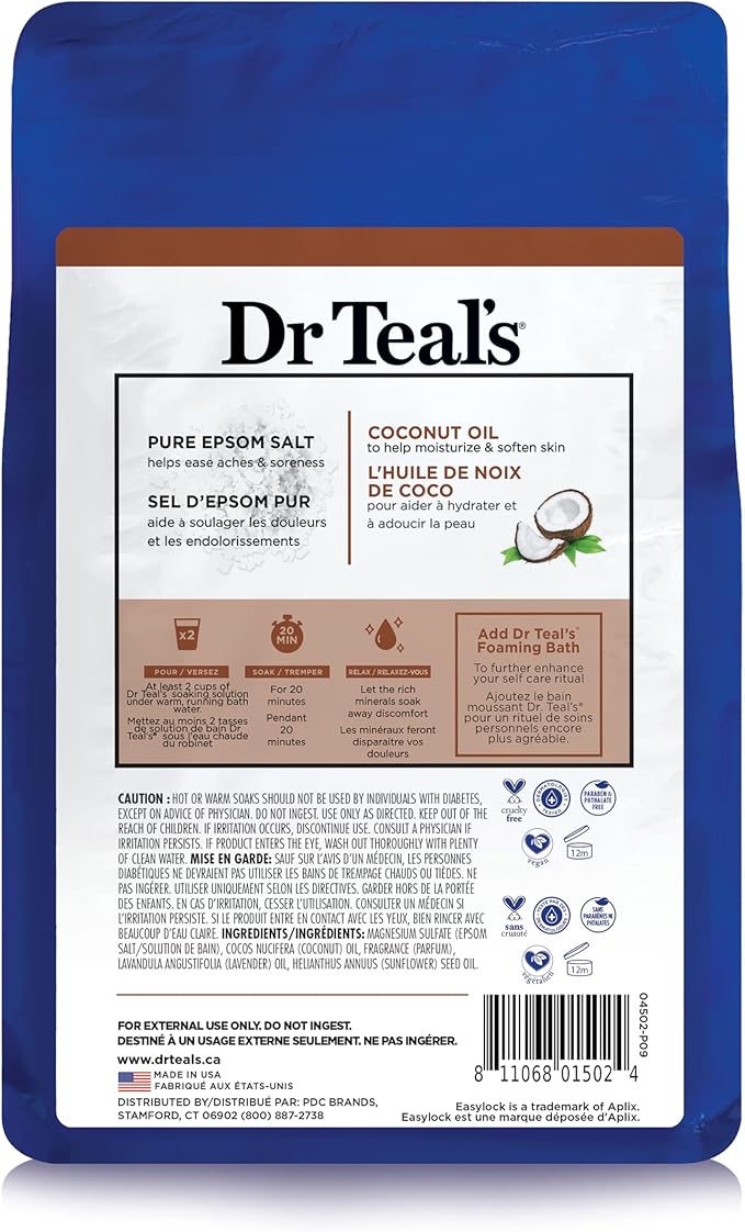 Dr Teal's Salt Soak with Pure Epsom Salt, Nourish & Protect with Coconut Oil, 3 lbs (Pack of 2)