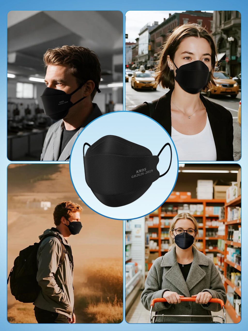 Borje KN95 Face Masks for Adults 50 Pack,5-Ply Black Disposable Face Mask Against PM 2.5 Smoke & Dust, Filtration Efficiency 95%
