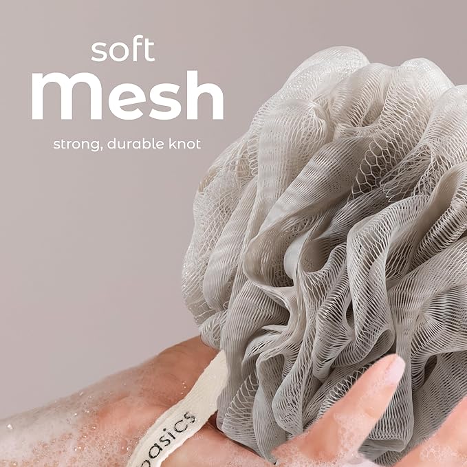 MainBasics Shower Loofah Sponge Pouf, Set of 3, Totally Taupe
