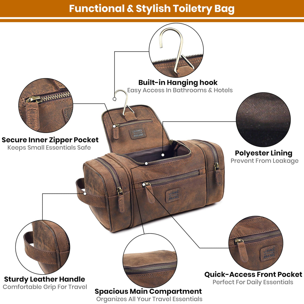 LEATHER VILLAGE Large Leather Toiletry Bag for Men, Hanging Travel Dopp Kit