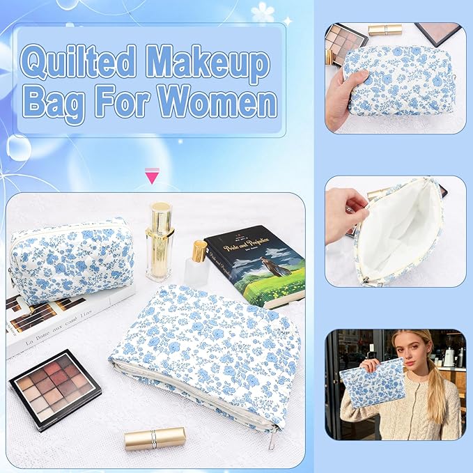 Lestp 2Pcs Small Makeup Bag Quilted Cosmetic Bag Flower Pencil Case Travel Makeup Bag Set for Women Cute Cosmetic Pouch Aesthetic Cotton Toiletry Organizer Storage Bags Puffy Zipper Pouch A