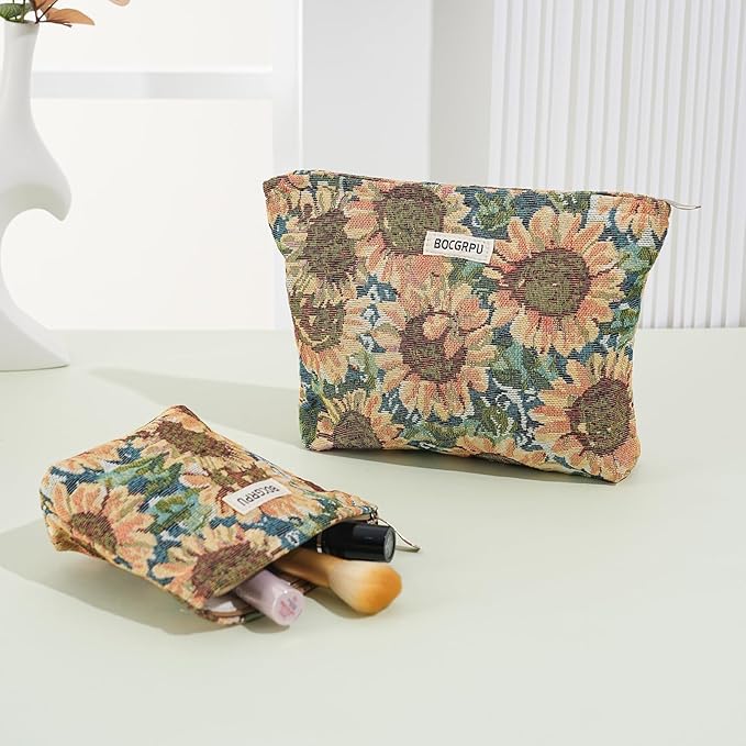 BOCGRPU 2 PCS Makeup Bag Set，Portable Cosmetic Bag for Purse ，Large Storage Capacity Toiletry Bag Make up Organizer，Travel Pouch with Zipper for Women, (Sunflower Oil Painting)