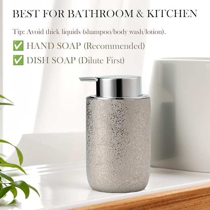 GIRLUFO Speckled Silver Ceramic Foaming Soap Dispenser, 12 oz Refillable Foam Soap Pump Bottle for Bathroom Vanity, Kitchen Sink and Countertop