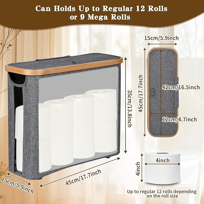 Toilet Paper Storage Basket with Lid - The Ultimate Bathroom Organizer, Free Standing Toilet Paper Holder for Up to 9 Mega Rolls, Toilet Tissue Storage Bin with Handle for RV Closet, Grey