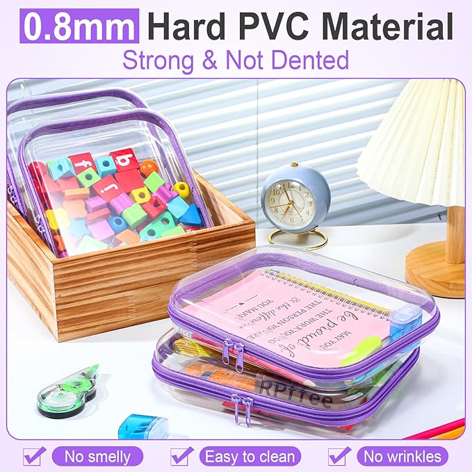 Sanwuta 6 Pcs Clear Hard Zipper Case Plastic Zipper Pouches Transparent Makeup Bag Pencil Case Pouches Toiletry Diaper Bag for Travel Toy Storage Organizer Bins(Purple,9.84 x 7.87 x 2 Inch)