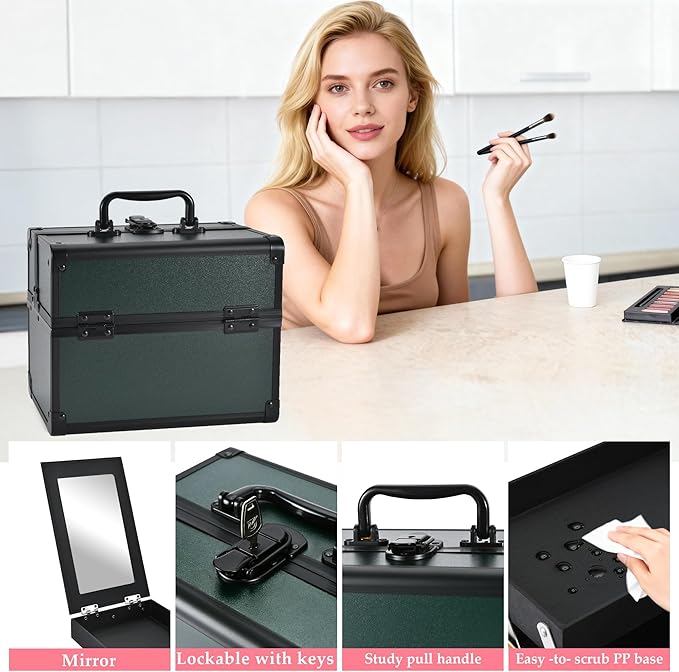 GALHUBIS Makeup Train Case, Portable Makeup Case with Mirror, 2-Trays Cosmetic Organizer Case,Nail Polish Organizer, Travel Makeup Box, Profesional for Salon Barber, Green