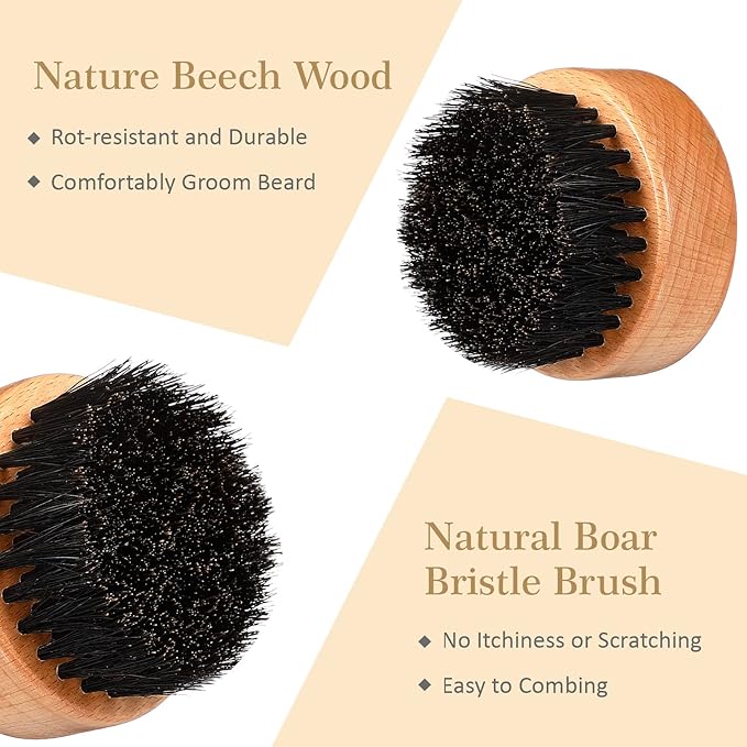 10 Sets Men's Beard Grooming Kit: Natural Boar Bristle Brush, Pear Wood Dual-Sided Wide Tooth Comb, Travel Pouch - Perfect Valentine Gift (Circle)