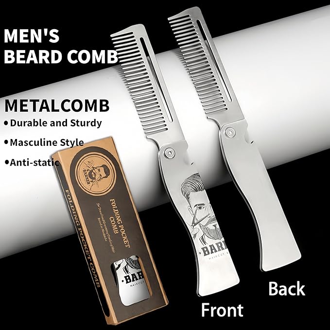 Metal Beard Comb for Men, Folding, 201 Steel, Laser-Etched Handle, 0.17lb