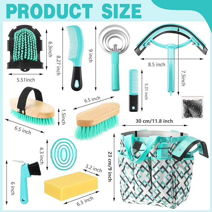 Abbylike 12 Pieces Horse Grooming Kit with Organizer Tote Bag Tack Room Supplies Horse Brush Sets Equine Care Cleaning Kit Shedding Grooming Massaging Tools (Mint Green and Grey)