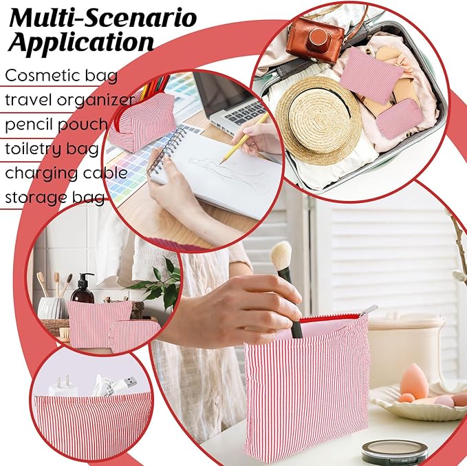 2 Pcs Makeup Bag Set Cute Cosmetic Pouch for Women Seersucker Travel Toiletry Bag Preppy Small Makeup Purse Pouch Aesthetic Skincare Brushes Storage Organizer for Valentine Women(Red)