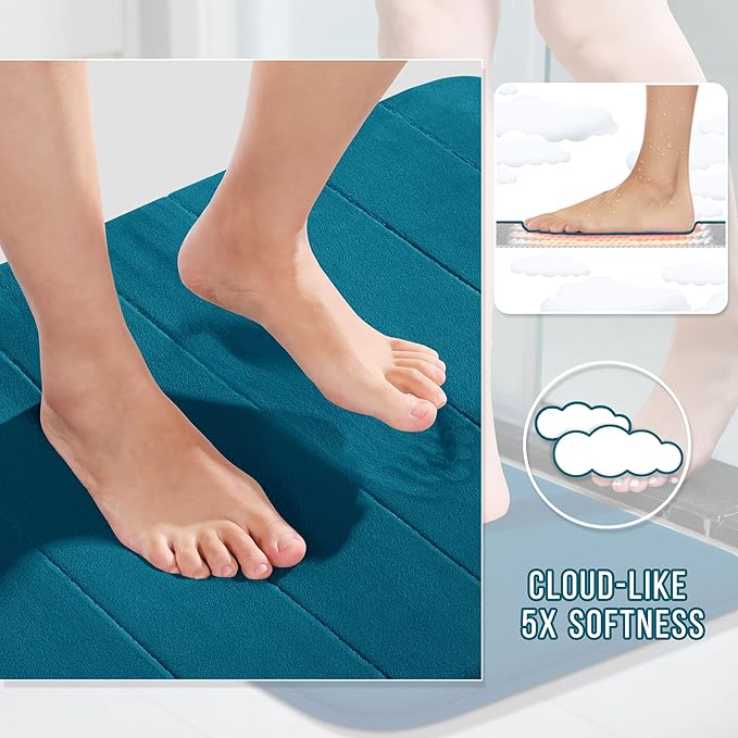 Yimobra Memory Foam Bathroom Rugs Sets 2 Piece - Super Soft Absorbent Quick Dry Bath Mat Set, Machine Washable Non Slip Floor Carpet for Tub Shower & Single Sink (17x24 & 31.5x20 Inch, Peacock Blue)