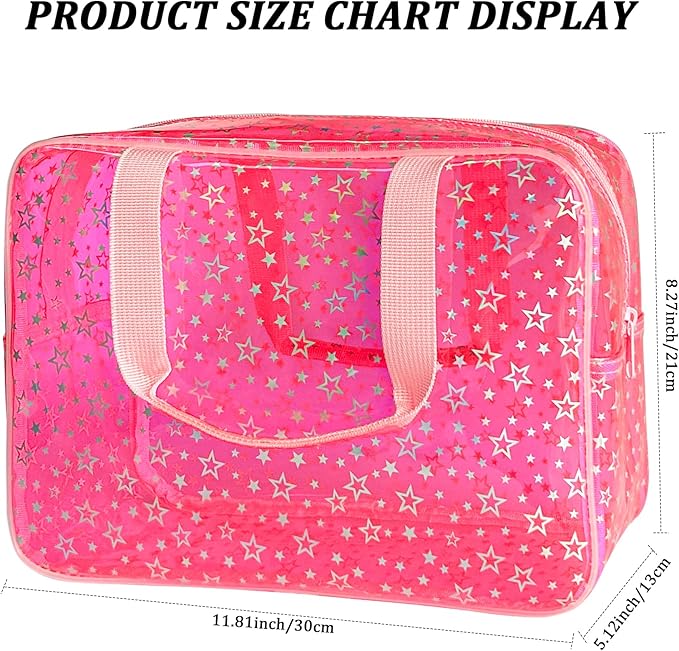 TotePrint Clear Star Large Cosmetic Bag and Travel Pouch with Handle,Durable Material,Zipper Design-Ideal for Makeup,Travel Essentials (Pink+Shiny Star)