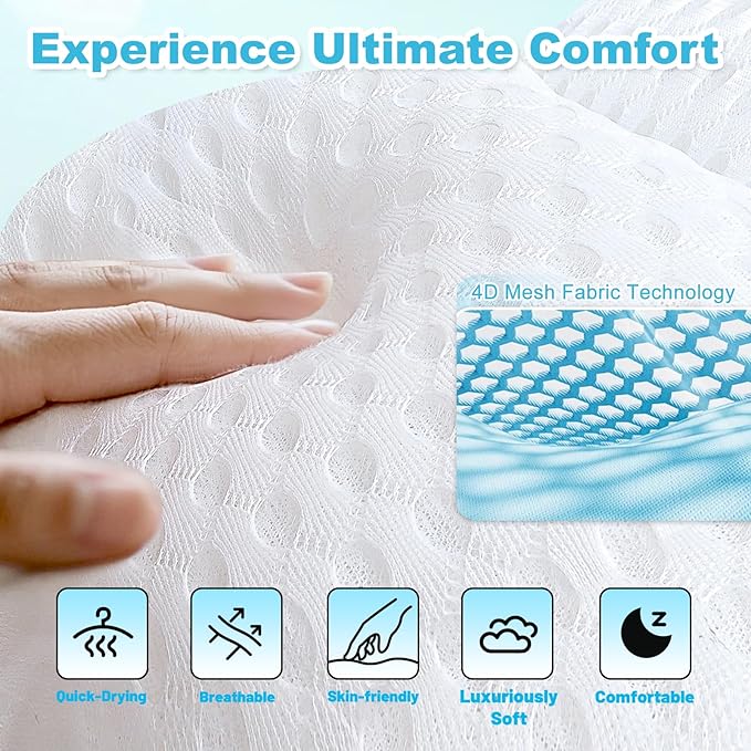 Bath Pillows for Tub, Bathtub Pillow for Neck and Back Support, 6 Non-Slip Suction Cups, Ultra Soft 4D Air Mesh, Washable Bath Accessories Gift for Women and Men, White