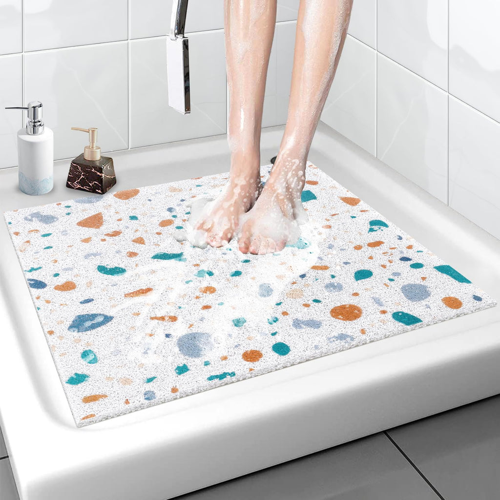 Shower Mat Anti Slip - 24x24 Inch Soft Comfort Bath Mat with Drainage Holes, PVC Loofah Massage Bathmat for Shower, Tub, Bathroom, Wet Areas, Quick Drying