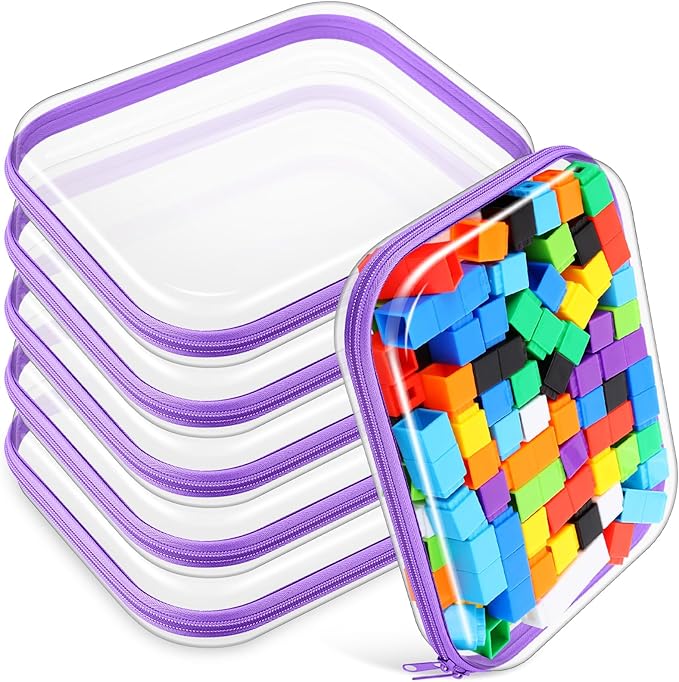 Sanwuta 6 Pcs Clear Hard Zipper Case Plastic Zipper Pouches Transparent Makeup Bag Pencil Case Pouches Toiletry Diaper Bag for Travel Toy Storage Organizer Bins(Purple,9.84 x 7.87 x 2 Inch)