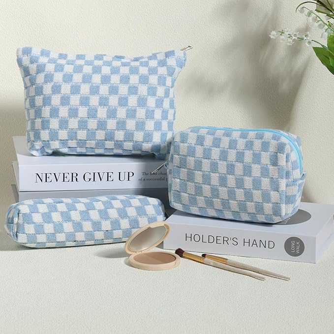 LYDZTION Large Capacity Makeup Bag Set - 3 Pieces Checkered Cosmetic Bag for Women Travel Makeup Bag Organizer Cute Makeup Brushes Storage Bag Travel Toiletry Bag Storage Bag for Women,Blue
