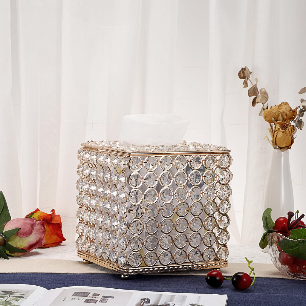 Sumnacon Crystal Square Tissue Box Cover - Sparkling Glass Cube Tissue Box Holder, Decorative Facial Tissue Holder for Bedroom Bathroom Vanity Dresser Night Stand Table Office Home Decor, Gold